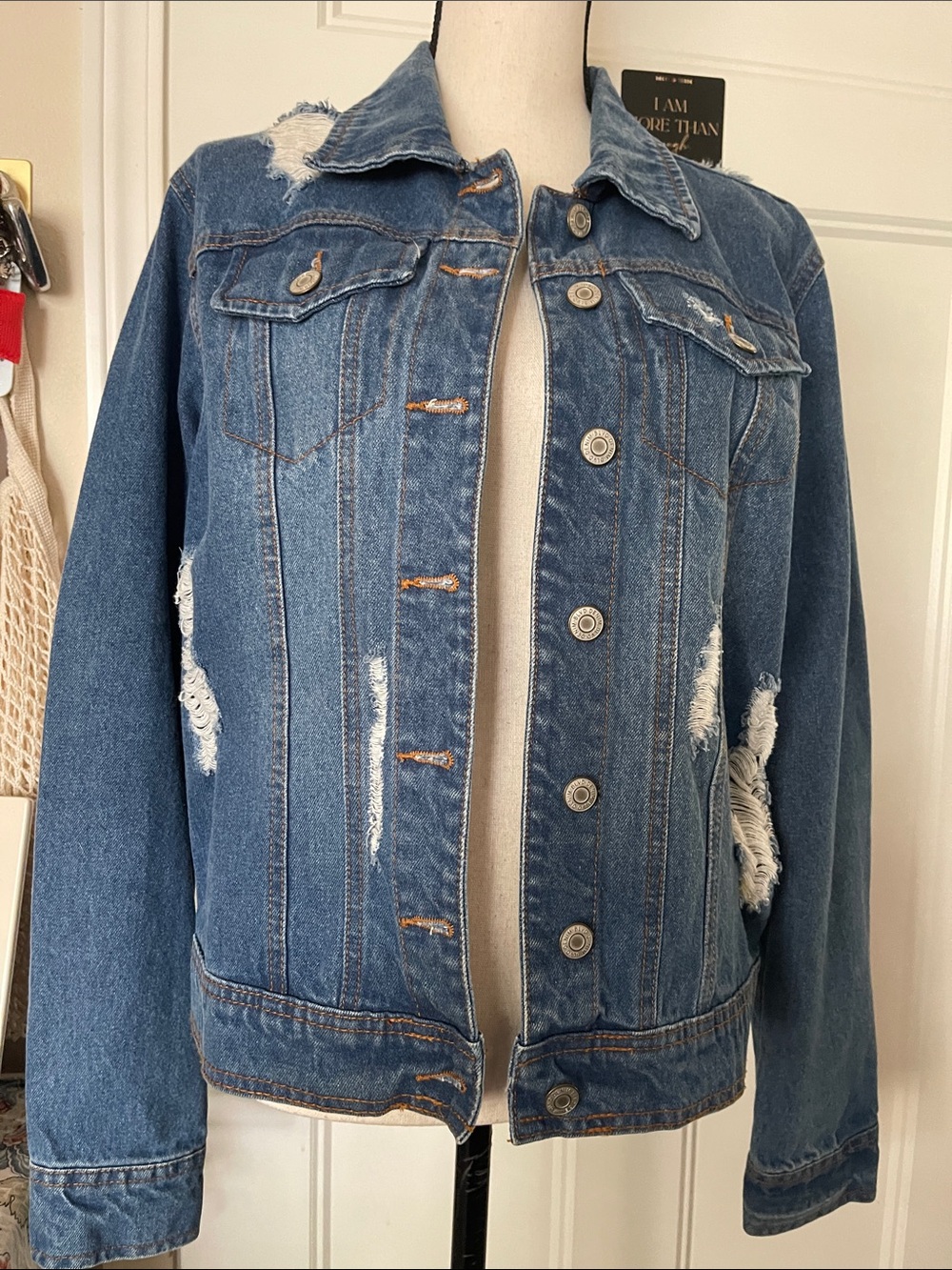 Distressed Blue Denim Trucker Jacket - Women's Classic Jean Coat